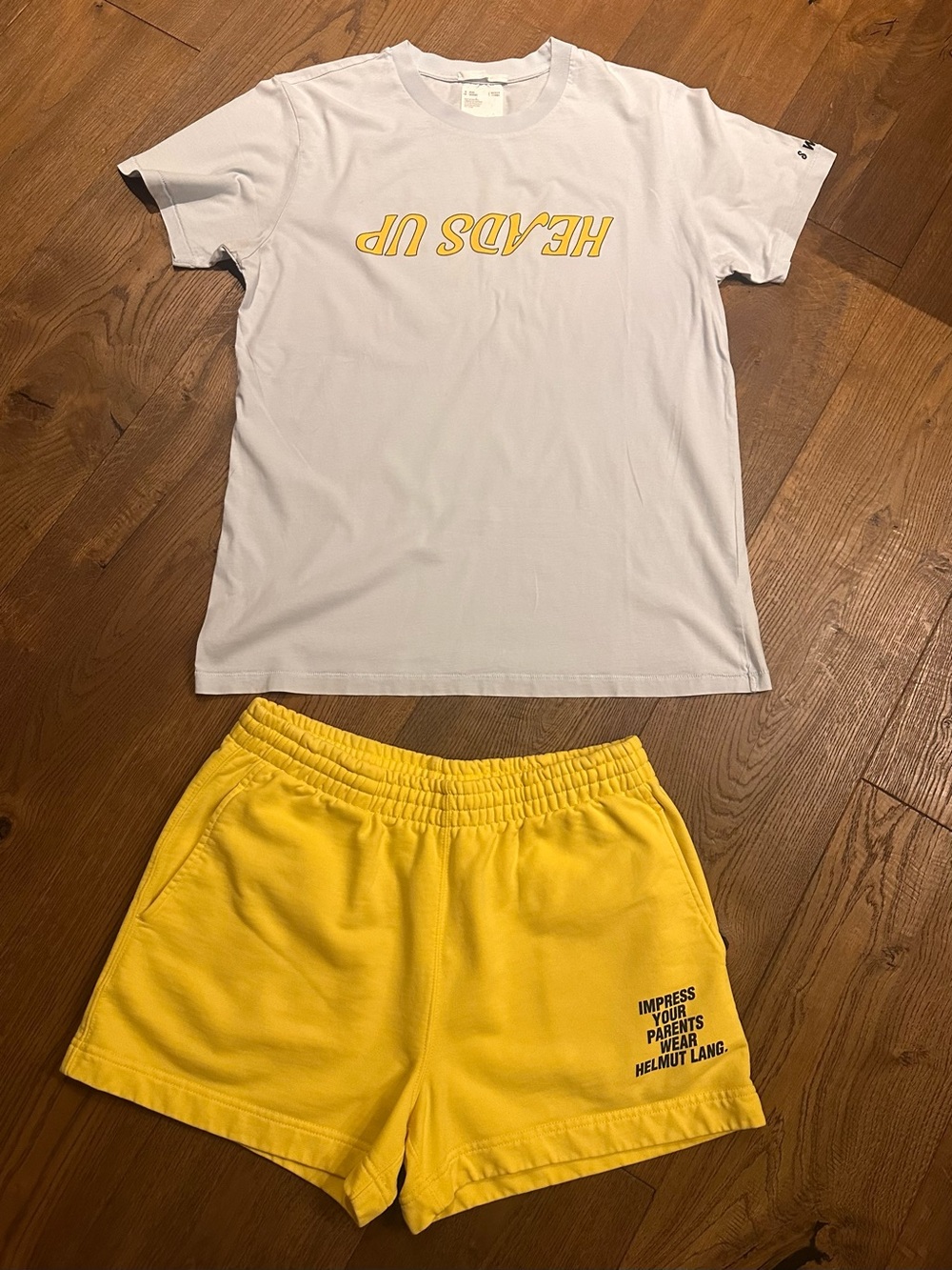 Helmut Lang Yellow Elastic-Waist Shorts with matching T-Shirt light blue colour